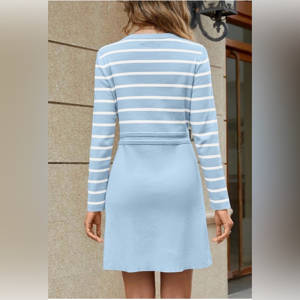 NWT MEROKEETY ELEGANT BLUE STRIPED SWEATER DRESS ……728 - Picture 3 of 10
